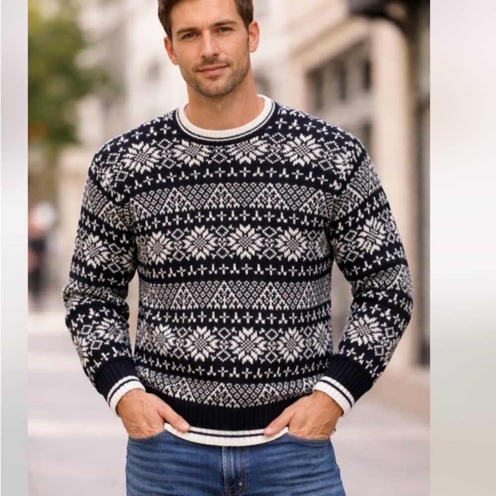 VINTAGE GAP 90s Y2K Black White Fair Isle Snowflake Ski Chunky Sweater Men Large